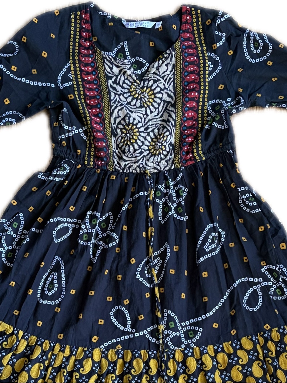 Rainbow & Rain Black and Mustard Boho Printed Midi Dress. From India.
